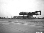 Lancaster BII “Fanny Ferkin II” s/n DS842 of No. 514 Squadron landing at RAF Deenethorpe, base of the USAAF 401st Bomb Group, for a lecture tour of American bases, May 1944