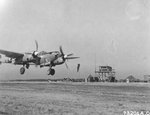 P-38J Lightning Droop Snoot with the 402nd Fighter Squadron coming in for a landing, possibly at Sandweiler, Luxembourg, Apr 10 1945.