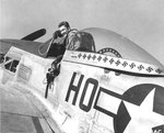 USAAF Capt Raymond H Littge of the 352nd Fighter Group in his P-51D Mustang showing 13 of his 23½ kills, RAF Bodney, Norfolk, England, UK, Apr 1945