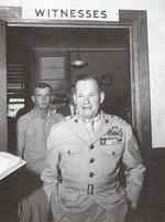 Marine Lt General Chesty Puller (Ret) emerging from the Witness Room after testifying at the court martial of a Marine Sergeant, Marine Recruiting Depot, Parris Island, South Carolina, USA, 1956.