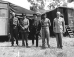 Lt General Miles Dempsey, Field Marshall Sir Alan Brooke, Winston Churchill, Field Marshal Bernard Montgomery, Prime Minister Jan Christiaan Smuts of the Union of South Africa at Château de Creully, Normandy, France, Jun 12 1944.  Photo 2 of 2.