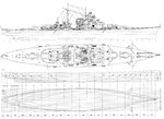Deck, profile, and hull drawings of the Bismarck.