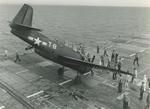 A TBF-1 Avenger noses over while landing aboard the training aircraft carrier USS Sable on Lake Michigan, United States, 1945.