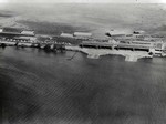 Aerial photo of the seaplane hangars and seaplane ramps at Luke Field on Ford Island in Pearl Harbor, Hawaii, early 1919.