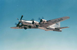 In-flight view of one of two Boeing JB-17G aircraft. The aircraft were modified as test bed aircraft for the Allison T-56 turboprop, circa 1950, Indiana, United States (designation changed to JB-17G in 1956).