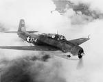 An in-flight view of a TBF-1 Avenger “Daisy Mae” of Marine Squadron VMSB-131 based at Henderson Field, Guadalcanal, Solomons, 1943