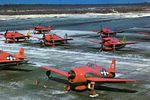 Surplus F6F Hellcats painted in bright colors for use as instrument drones during the Operation Crossroads atomic bomb tests at Bikini Atoll, 1946.