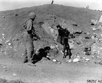 PFC Karl, a Marine Devil Dog Doberman Pinscher of the 6th War Dog Platoon, at a Japanese cave entrance. If the cave has an enemy, the dog is trained to give an alert signal. Iwo Jima, Mar 1945.