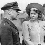 LtGen Jimmy Doolittle speaking with Princess Elizabeth of the United Kingdom during a Royal visit to RAF Thurleigh, home of the USAAF 306th Bomb Group, 6 Jul 1944.