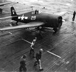 F6F-5 Hellcat of Fighting Squadron VF-11, the Sundowners, preparing for take off from the USS Hornet (Essex-class), 1944.