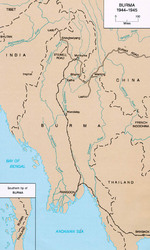Map of Burma in 1944-45 showing lines of supply by rail and by road. Note the Burma Road and the Ledo Road labeled as the Stillwell Road.