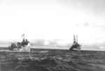 Oceangoing tug USS Abnaki takes the captured Type IXC submarine U-505 under tow, 7 Jun 1944. U-505 was captured three days earlier by the USS Guadalcanal hunter group. Photo 2 of 3.