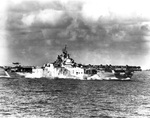 An SB2C Helldiver making its final landing approach on the carrier Hornet (Essex-class) operating in the Pacific, 1944