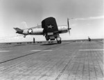 F4U-1 Corsair of VF-17, “The Jolly Rogers,” landing aboard the carrier Bunker Hill south of Bermuda during her shakedown cruise, 17 July 1943. Photo 2 of 2
