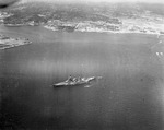 Aerial photo taken by USS Hancock aircraft showing the Japanese battleship Nagato off the Yokosuka Navy Yard, Tokyo Bay, Japan, Aug-Sep 1945