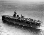 Light Carrier USS Princeton with a deck full of aircraft on her shakedown cruise, 31 May 1943 off Antigua. Photo 4 of 4