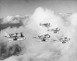 Naval Aviation Cadets from the Naval Air Station at Corpus Christi practicing formation flying in Chance-Vought OS2U Kingfisher float aircraft, Texas, United States, circa early 1940.