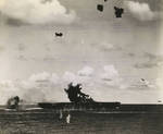 Bomb from Shigeyuki Sato’s Aichi D3A ‘Val’ dive bomber exploding on the deck of USS Hornet (Yorktown-class) during Battle of the Santa Cruz Islands, 26 Oct 1942.