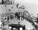 The Japanese delegation departing the USS Missouri’s starboard verandah deck after signing the instruments of surrender, Tokyo Bay, Japan, 2 Sep 1945