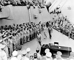 MacArthur and Nimitz aboard USS Missouri, 2 Sep 1945. Photo 3 of 3