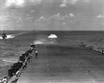 The USS Enterprise conducted flight training when steaming from Hawaii to Tonga on 15 Jul 1942. Here an F4F-4 Wildcat fighter crashed into the sea when approaching the carrier for a landing; pilot rescued.