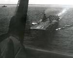 Photo of Essex-class carrier USS Randolph taken from the back seat of an SB2C Helldiver that had just launched, Feb or Mar 1945, Pacific