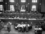 Courtroom interior at the opening of the Far East International Military Tribunal in the War Ministry office in Tokyo, Japan, Apr 1947