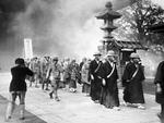 Monks in a bombing drill, Senso Temple, Asakusaa, Tokyo, Japan, 30 May 1936