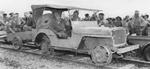 Lieutenant General Joseph Stilwell in a Jeep adapted for rail use, Myitkyina, Burma, 18 Jul 1944