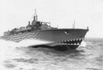 PT-196, an Elco 80-foot motor torpedo boat, in an experimental paint scheme, Bayonne, New Jersey, 3 May 1943. Note that the paint on the sides is meant to deflect attention while the paint on the bow draws attention.