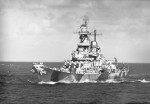 Battleship USS Iowa entering Majuro anchorage, Marshall Islands, the morning of 4 Feb 1944. Note Dazzle Camouflage Measure 32, Design 1B.