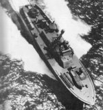 Overhead view of PT-515, an Elco 80-foot motor torpedo boat with MTB Squadron 35, making a dash across Pamlico Sound, North Carolina, United States as the squadron moved from Rhode Island to Florida, 11 Apr 1944.
