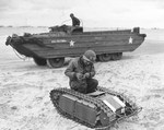 Member of the US Navy’s Second Beach Battalion examining a German SdKfz 302 Goliath remote-controlled mine (called Beetles by US forces) on Utah Beach, 11 June 1944. Note DUKW in the background.