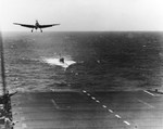 TBM Avenger landing on USS Guadalcanal about 6 Jun 1944 while the carrier was towing the captured submarine U-505. Guadalcanal’s hunter group captured U-505 in the western Atlantic on 4 Jun 1944.