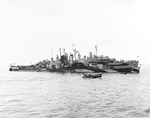 Cruiser USS Houston moored alongside repair ship USS Hector in Ulithi Lagoon, Caroline Islands, 1 Nov 1944. Houston was getting repairs after two torpedo hits on 14 and 16 Oct 1944 off Formosa (Taiwan).