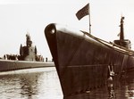 Submarine USS Dace (left) at her commissioning, New London, Connecticut, United States, 23 Jul 1943.