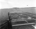 US Navy TDN-1 drone test from the decks of the training carrier USS Sable while steaming in reverse in Grand Traverse Bay, Michigan, United States, 10 Aug 1943. This particular test was unsuccessful. Photo 3 of 4.