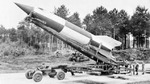 V-2 rocket on a portable launch stand, circa 1944, location unknown.