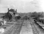 Railway station in ruins, Saint-Lô, France, 1944