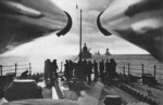 View aboard USS Pennsylvania, 1930s; note USS New Mexico, USS Nevada, and others in background
