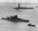 USS New Mexico moored in the Hudson River near the Statue of Liberty, New York, United States, Jun 1934