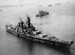 USS Iowa delivering President Franklin Roosevelt to Africa for transit on to the Tehran Conference, Mers El Kébir, Oran, Algeria, 20 Nov 1943. Note French cruiser Jeanne d’Arc just beyond Iowa. See Note below.