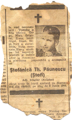 Obituary of Stefanica Paunescu, 1944
