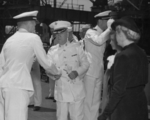 Commissioning ceremony of USS New Jersey, Philadelphia Navy Yard, Pennsylvania, United States, 23 May 1943, photo 07 of 25; note Captain Carl Holden on left