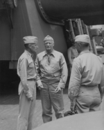 Admiral Raymond Spruance and Admiral Chester Nimitiz aboard USS New Jersey, date unknown, photo 1 of 4