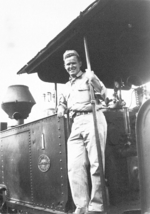 US serviceman on a steam engine, Calcutta, India, late 1944