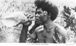 Postcard featuring civilian with conch shell, Fiji, 1940s