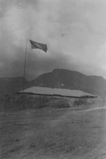 Flag and building at a US Army medical facility, Fiji, 1942-1944