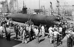 Type A Ko-hyoteki class Ha-19 midget submarine captured in Hawaii after the Pearl Harbor attack seen at Mare Island Navy Yard in California, United States at the beginning of its cross-country war bonds tour, 24 Sep 1942