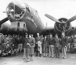 Mary Churchill, daughter of the Prime Minister, speaks to the 381st Bomb Group at Ridgewell, Hallstead, UK during the christening ceremonies for B-17G “Stage Door Canteen,” 21 Apr 1944.